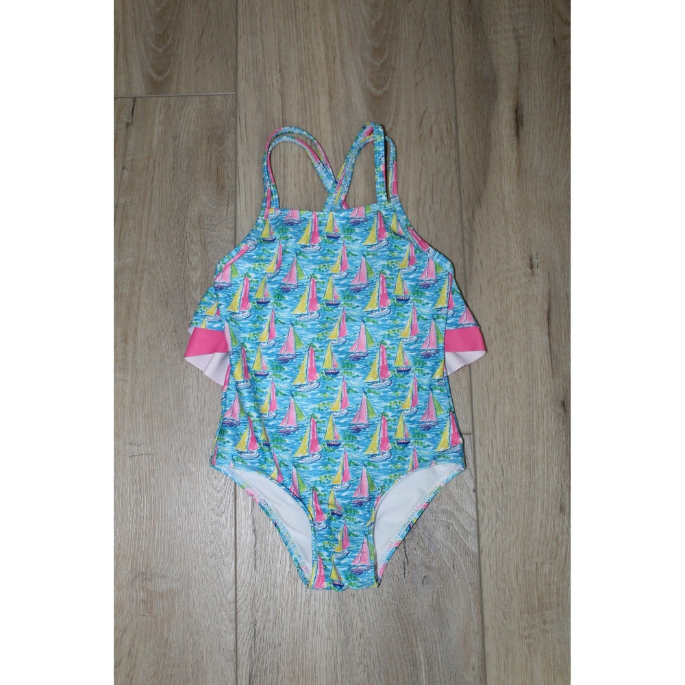 The Oaks Apparel Company Girls Blue Sailboat Ruffle One Piece Swimsuit 4Y